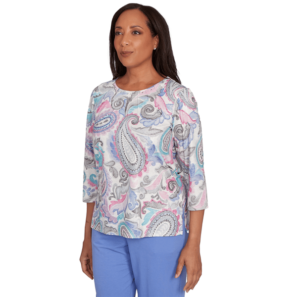 Womens Alfred Dunner Casual Vibe Pleat Neck Paisley Blouse