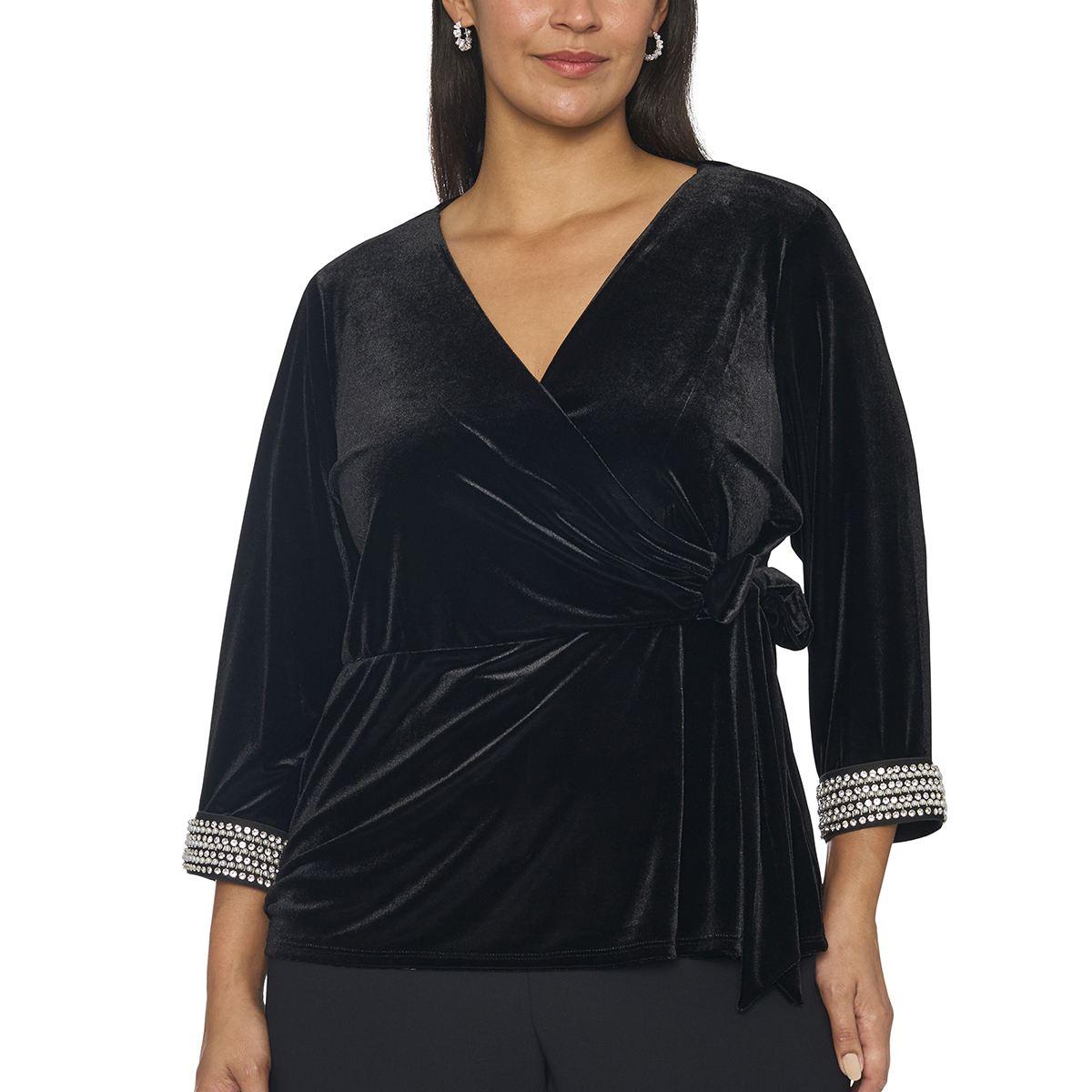 Plus Size MSK 3/4 Rhinestone Sleeve Velvet Faux Wrap Blouse