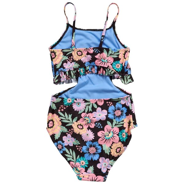 Girls (7-16) Breaking Waves Floral Cutout One Piece Swimsuit