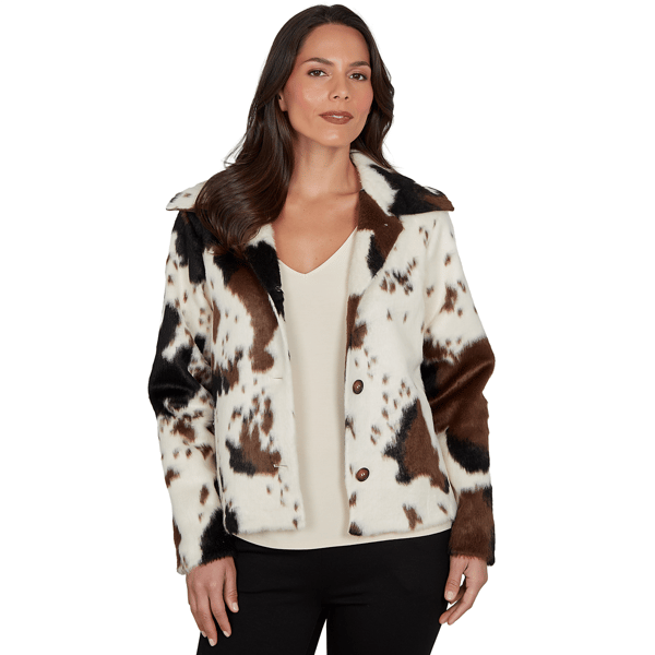 Petite Skye''s the Limit Wild Romance Cow Print Faux Fur Jacket