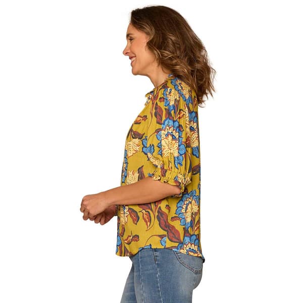 Petite Democracy Ruffle Cuff Sleeve Leaf Button Down Blouse
