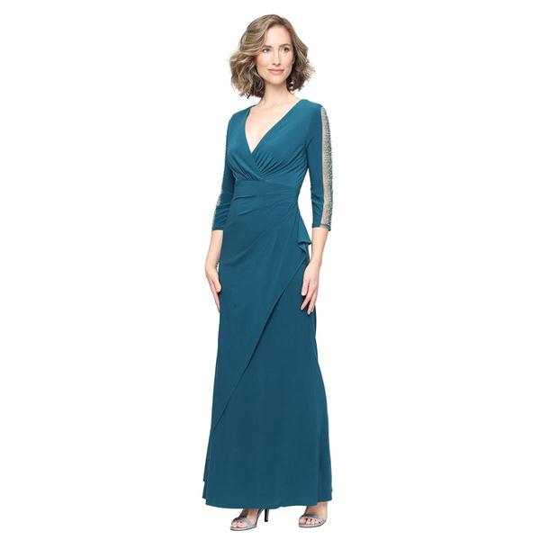 Petites SLNY Long Sleeve Beaded Illusion Sleeve ITY Gown - image 