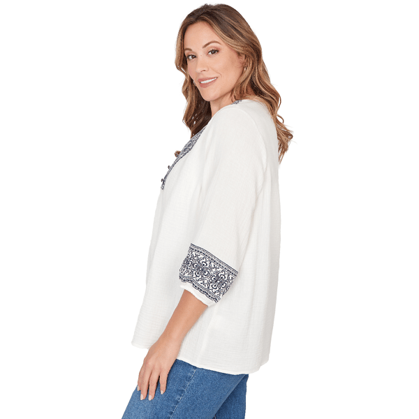 Plus Size Skye’s the Limit Fresh Start Scroll V-Neck Blouse