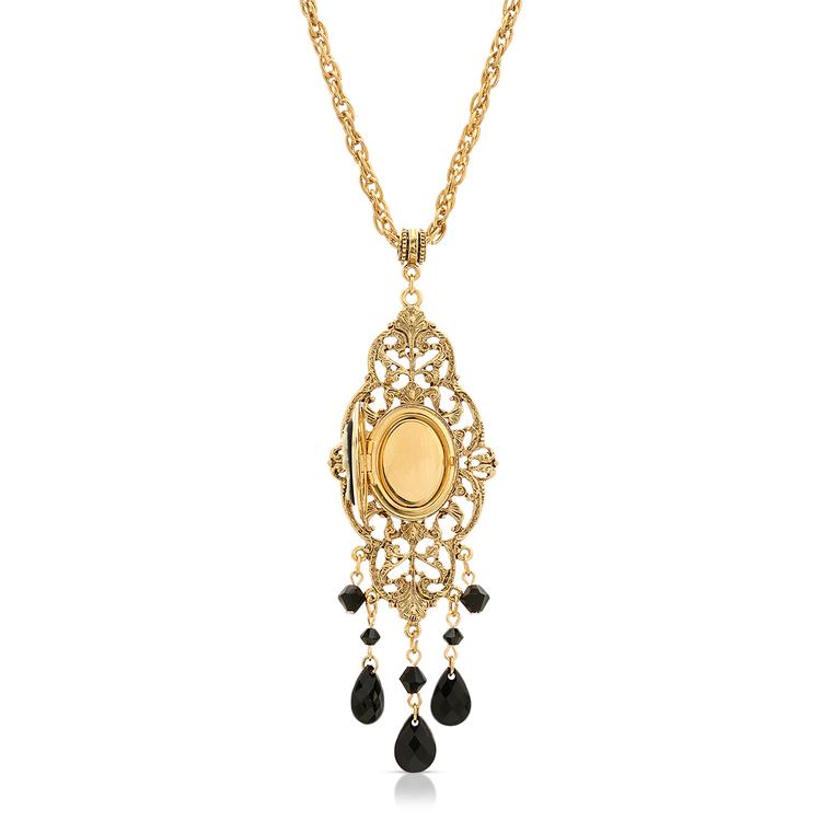 1928 Gold Tone Black Oval Cameo Locket Necklace