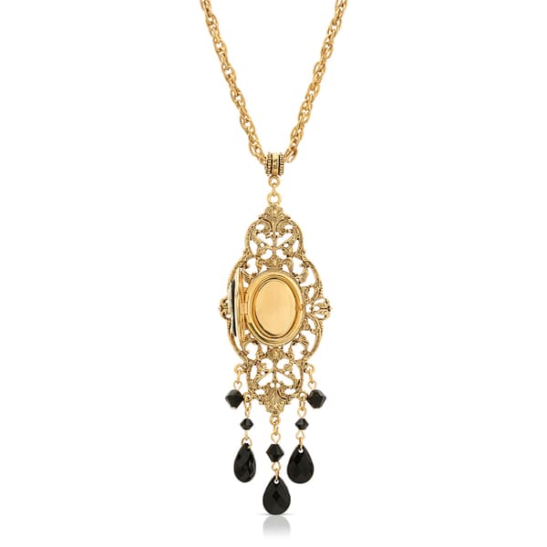 1928 Gold Tone Black Oval Cameo Locket Necklace