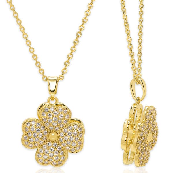 14kt. Gold Plated & CZ Pave Clover Spinner Pendant Necklace - image 