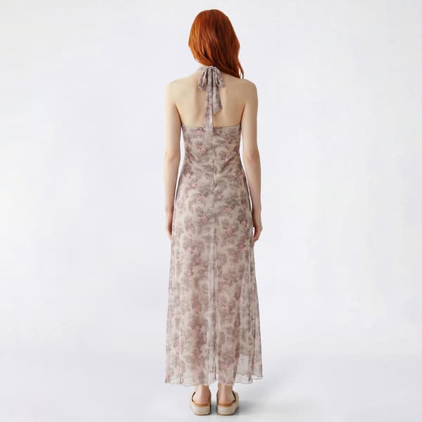 Juniors Pink Rose Floral Mesh Empire Waist Halter Maxi Dress