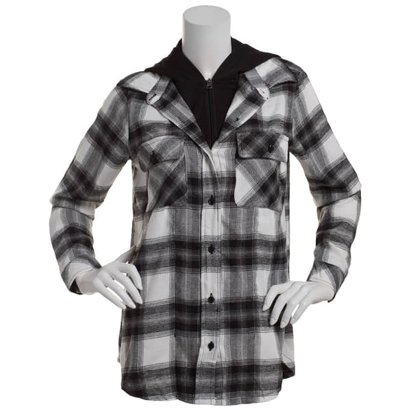 Juniors No Comment Flannel Plaid Shacket with Hood