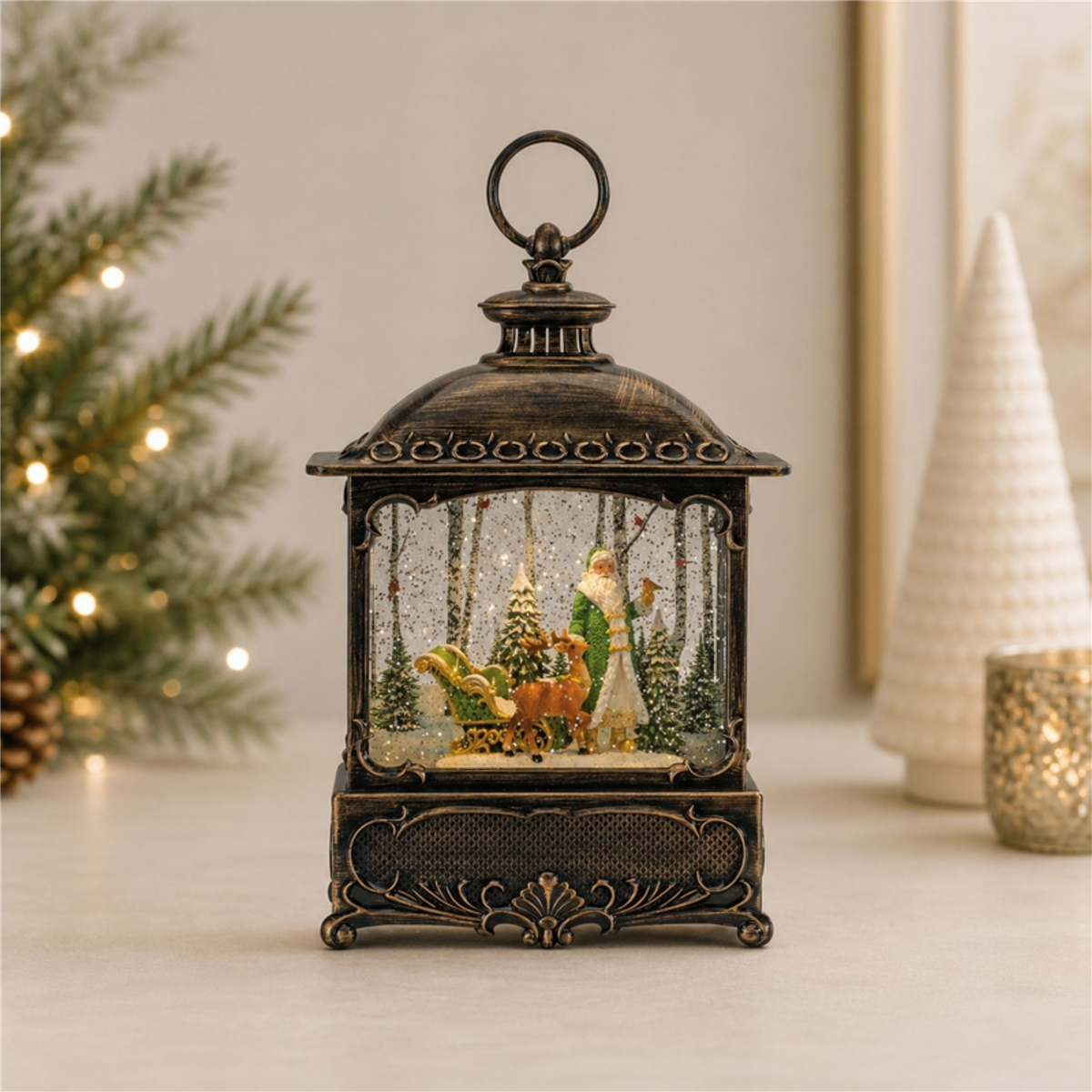 Melrose LED Snow Globe Lantern with Santa & Woodland Animals