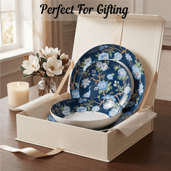222 Fifth Nightingale 12pc Blue Florals Porcelain Dinnerware Set