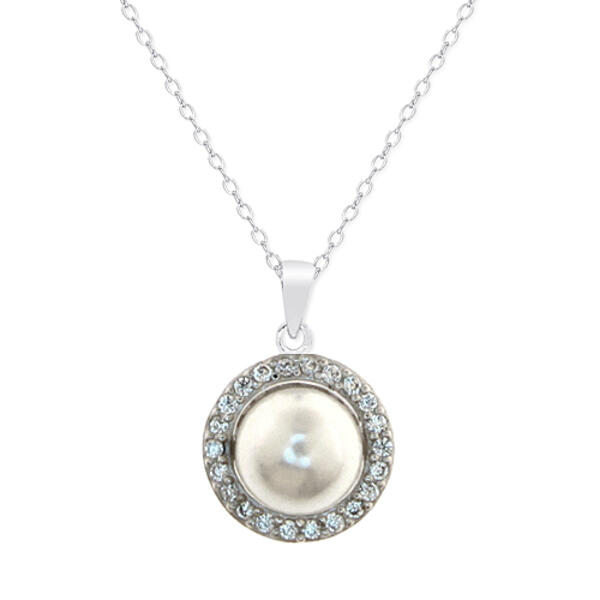 Sterling Silver Pearl & Cubic Zirconia Halo Pendant Necklace - image 