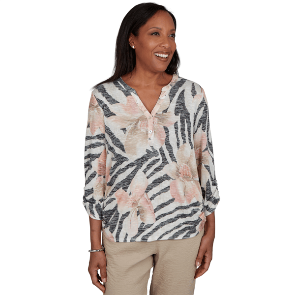 Womens Alfred Dunner Travel Advisory Zebra Floral Henley Blouse