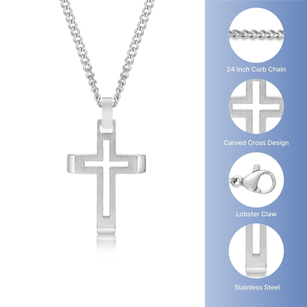 Mens Lynx Stainless Steel Carved Cross Pendant