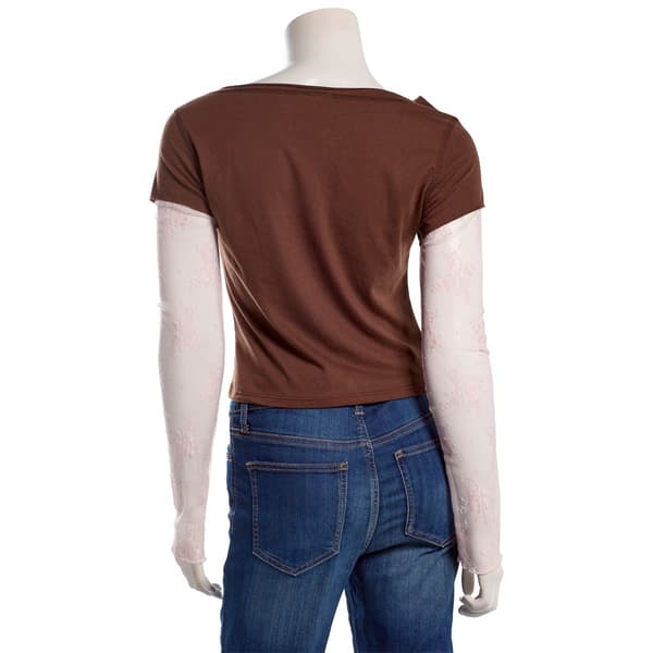 Juniors No Comment Boat Neck Screen Top w/ Lace Sleeves- Brown