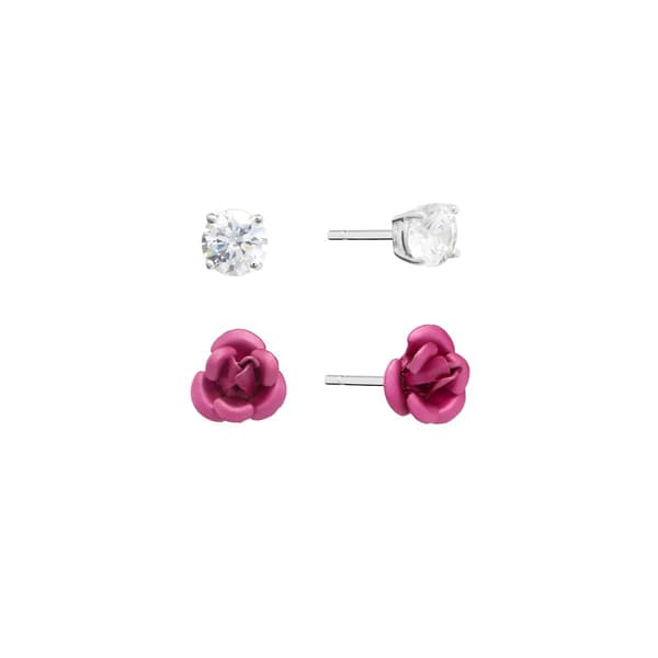Athra Sterling Silver 5mm CZ & Pink Rose Stud Earrings Set - image 