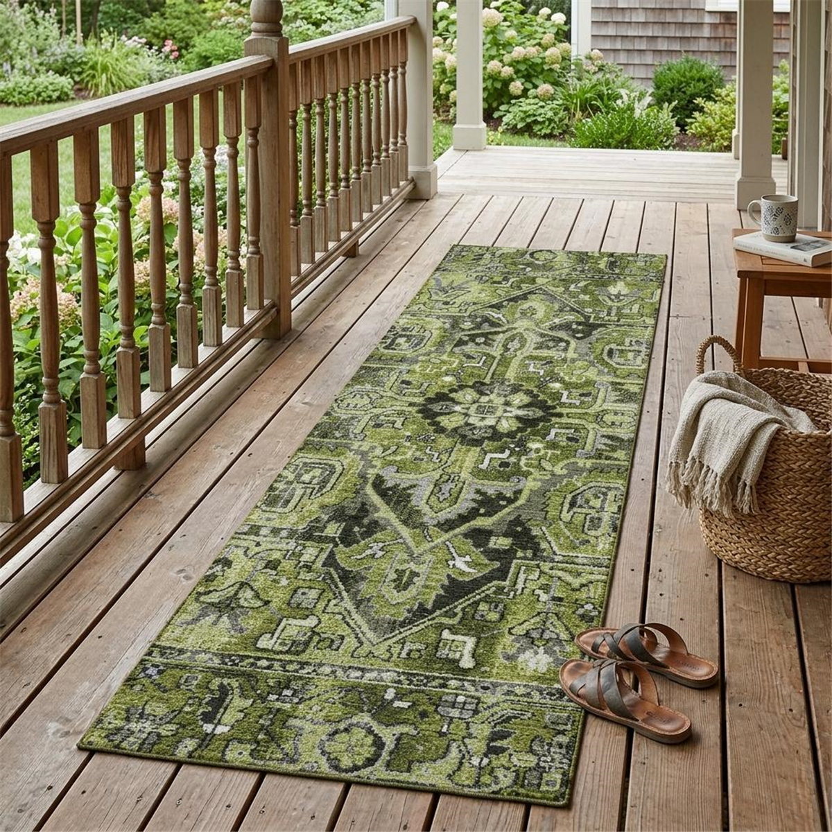HomeRoots Green Oriental Non-Skid Indoor/Outdoor Runner Rug