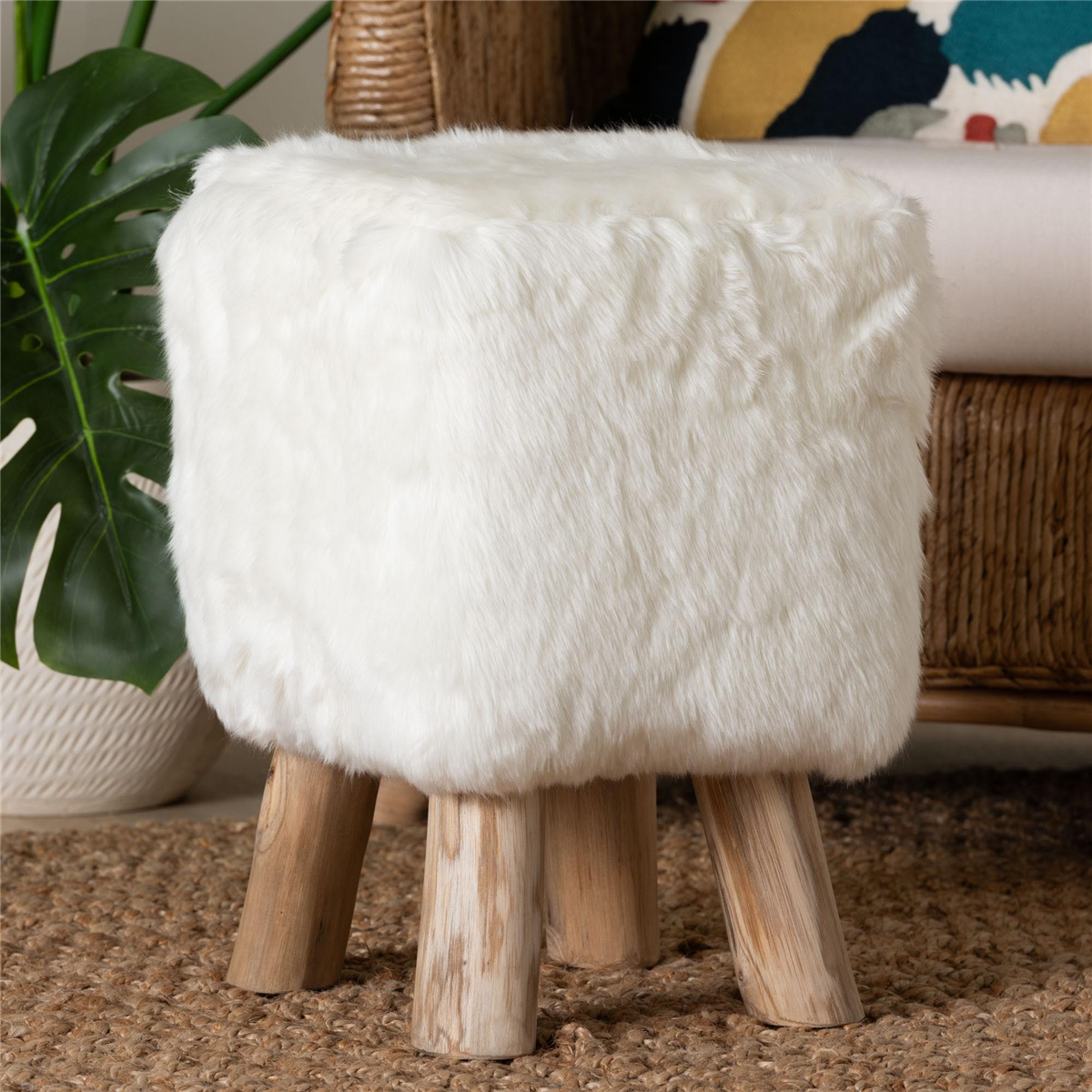 bali & pari Scotlyn Faux Fur Footstool with Teak Wood Legs