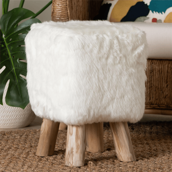 bali & pari Scotlyn Faux Fur Footstool with Teak Wood Legs