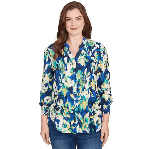 Plus Size Ruby Rd. Fall Flair Floral Silky Voile Button Down Blo