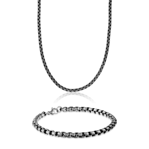 Mens Lynx Stainless Steel Round Box Chain Necklace & Bracelet Set - image 