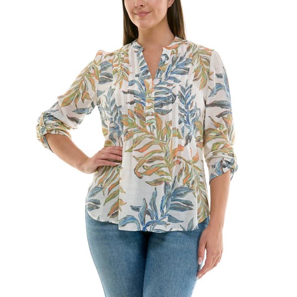Womens Zac & Rachel 3/4 Roll Tab Sleeve Leaf Blouse - image 