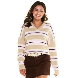 Juniors Pink Rose Striped Collar Polo Sweater
