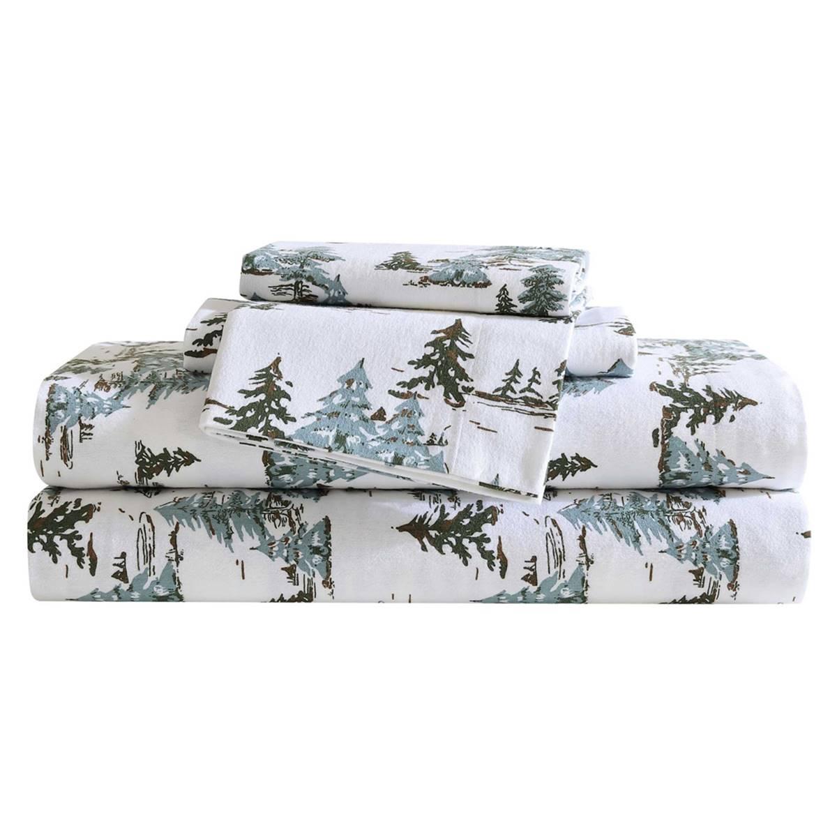 Eddie Bauer Snowy Pine Trees Cotton Flannel Sheet Set