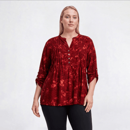 Plus Size Notations 3/4 Sleeve Tie Dye Pleated Henley Blouse
