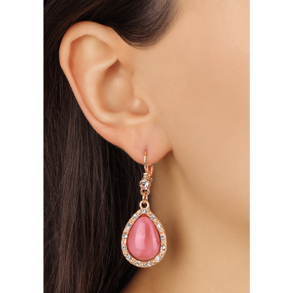 1928 Gold-Tone Pink Stone Teardrop Leverback Earrings