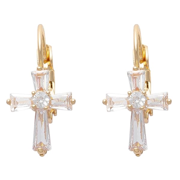 Freedom Nickel-Free Gold-Tone French Wire CZ Stone Cross Earrings