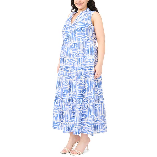 Plus Size MSK Sleeveless Abstract Split Neck Tier Midi Dress