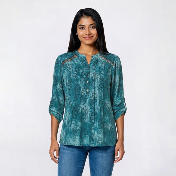 Petite Notations 3/4 Sleeve Chain Pleat Henley Jacquard Blouse - image 