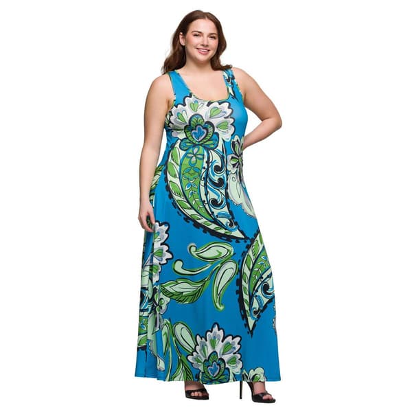 Plus Size 24/7 Comfort Apparel Blue Paisley Sleeveless Maxi Dress