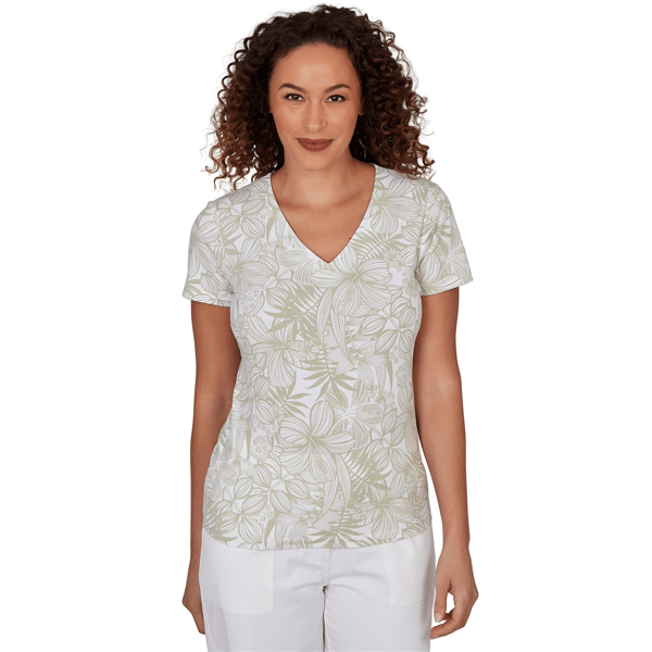 Petite Hearts of Palm Printed Essentials Tropical V Neck Tee - image 
