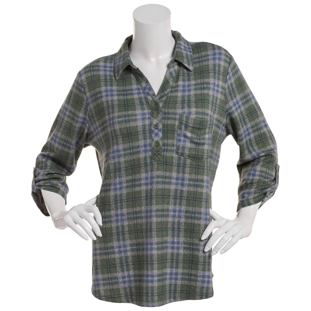 Womens Emily Daniels 1 Pocket Plaid Hacci Blouse-Green/Blue