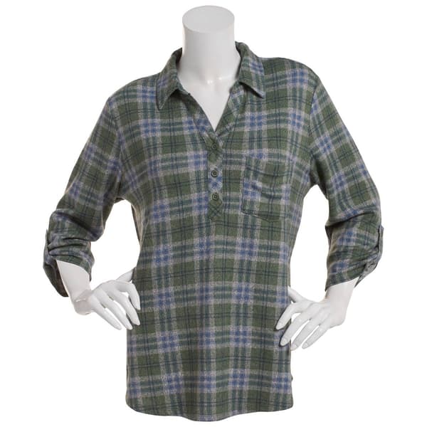 Womens Emily Daniels 1 Pocket Plaid Hacci Blouse-Green/Blue