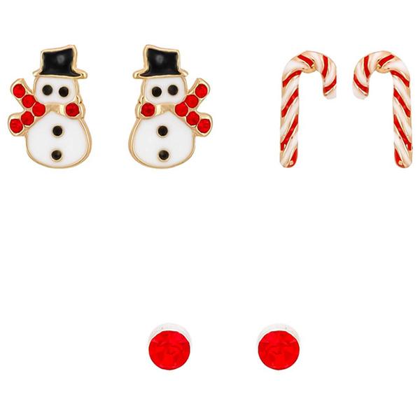 Set of 3 Candy Cane/Snowman/Red Stud Earring Set - image 