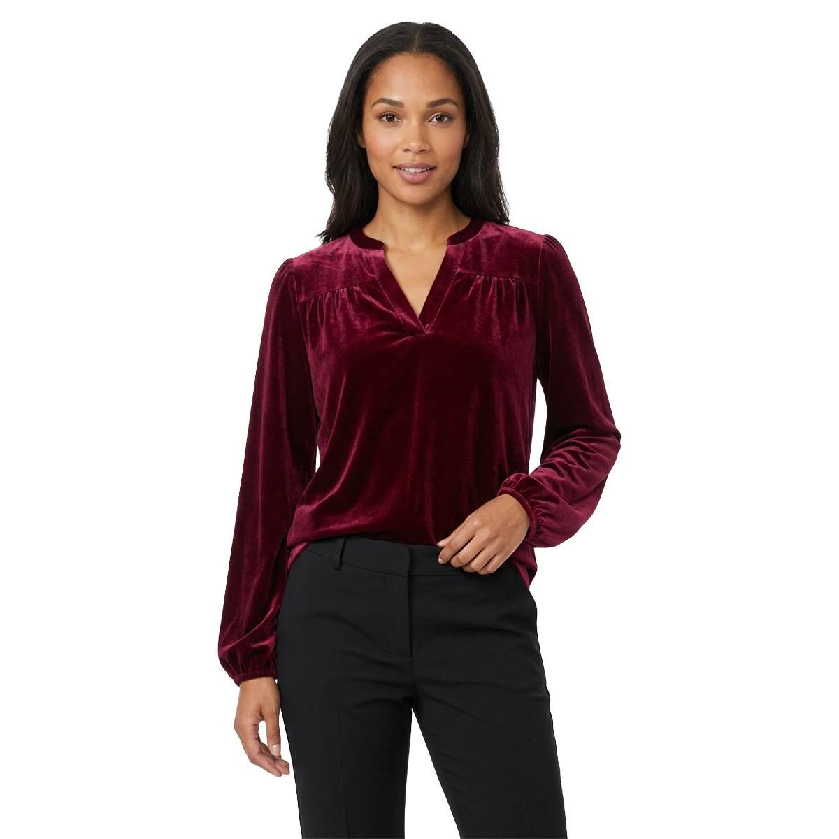 Petite Briggs Long Sleeve Solid Split Neck Velvet Blouse