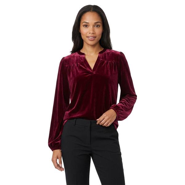 Petite Briggs Long Sleeve Solid Split Neck Velvet Blouse - image 