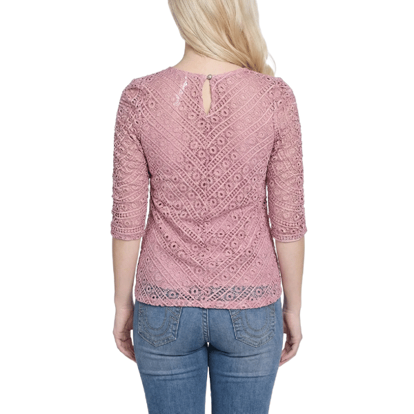 Petite NY Collection 3/4 Ruched Sleeve Lace Blouse