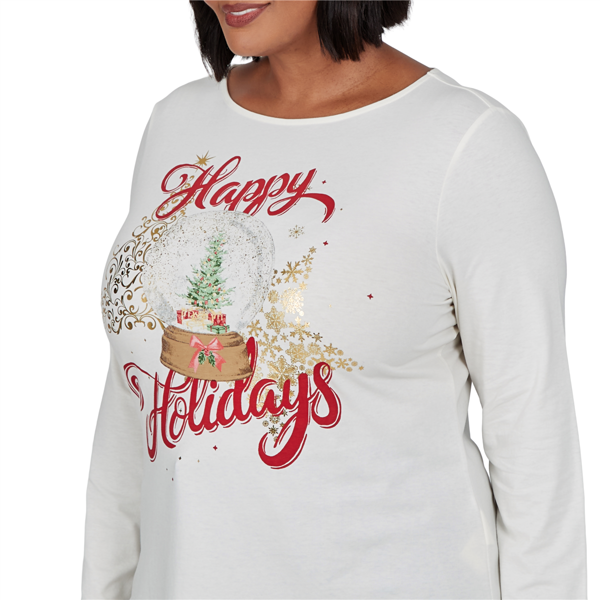 Plus Size Ruby Rd. Happy Holidays Long Sleeve Snow Globe Tee