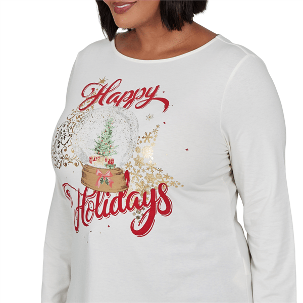 Plus Size Ruby Rd. Happy Holidays Long Sleeve Snow Globe Tee