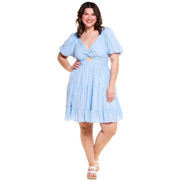 Juniors Plus Angie Twist Front Eyelet Puff Sleeve  A-Line Dress - image 