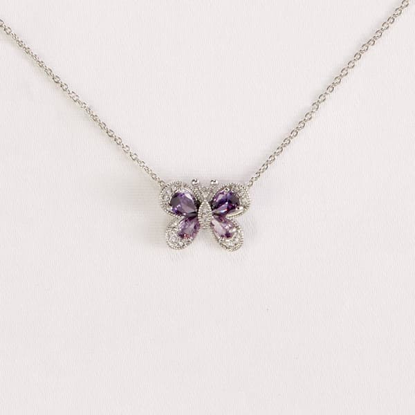 Silver-Tone Brass Amethyst Butterfly Cubic Zirconia Pendant - image 
