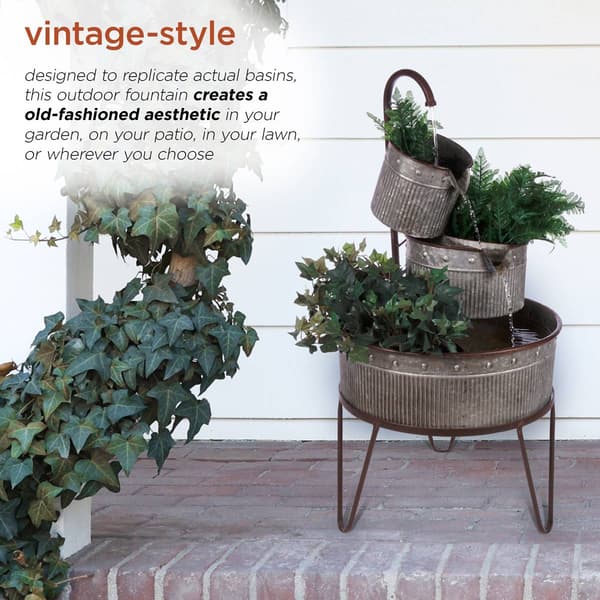 Alpine 3-Tier Stacked Rustic Metal Tub Planter Fountain