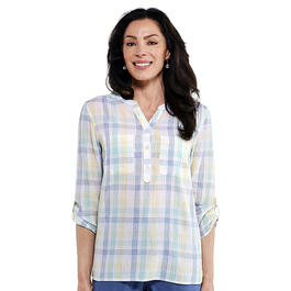 Womens Hasting & Smith 3/4 Sleeve 3 Button Plaid Henley
