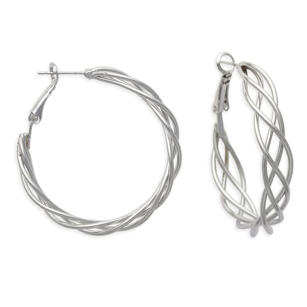 Freedom Silver-Tone Clutchless Twisted Woven Hoop Earrings