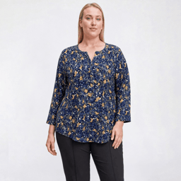 Plus Size Napa Valley 3/4 Sleeve Floral Pleat Button Front Blouse