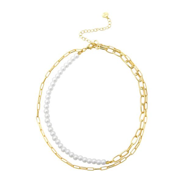 Roman Gold-Tone 2 Layer Pearl Link Chain & Chain Link Necklace - image 