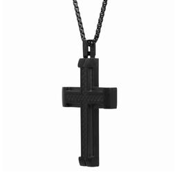 Mens Lynx Carbon Fiber & Black Ion Plating Chain Cross Pendant